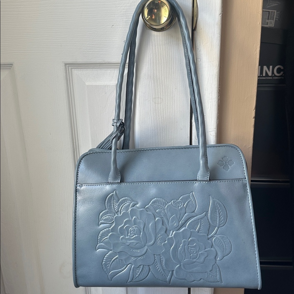 Elegant Patricia Nash Gray Blue Floral Embossed Handbag